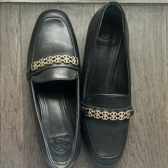 Tory Burch Black and Gold Slip-On Loafers Tory Burch Black Leather Lowell Slip On Loafers Size 36.5  main image 2